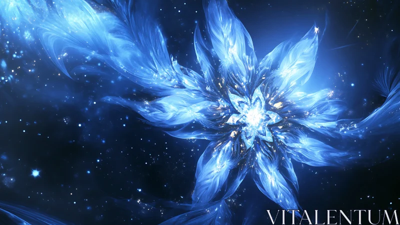Blue cosmic energy flower bursts in deep space scene.