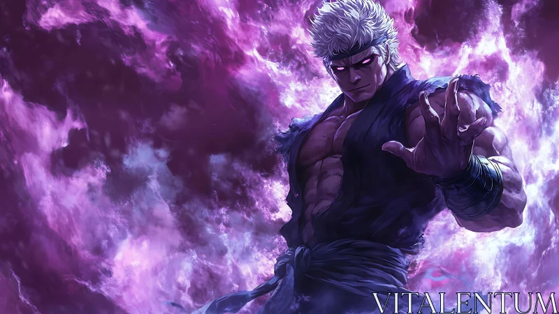 Muscular martial artist in purple energy cloud environment.