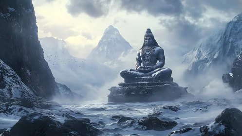 Large meditative statue in snow-covered high mountain pass.