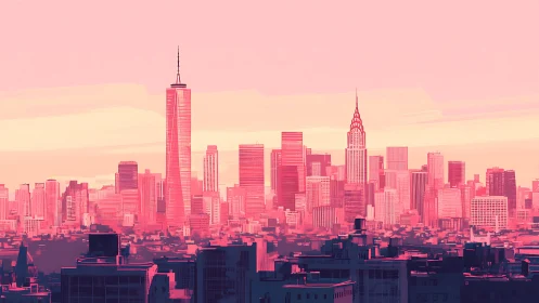 Neon pink city skyline glows under luminous dusk sky.