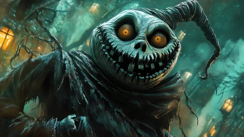 Sinister pumpkin-headed specter stalks a haunted forest lane