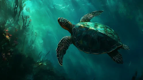 Digital painting of sea turtle gliding through teal reef light.