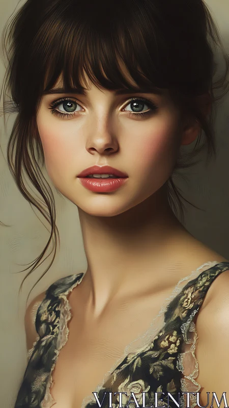 Velvet gaze and lace petals in a softly lit portrait hush.