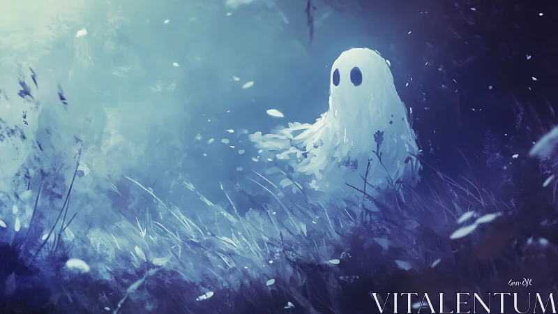 Lonely white ghost figure sitting in a misty twilight field.