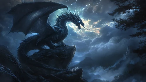 Winged reptilian creature rests on cliff under cloudy night sky