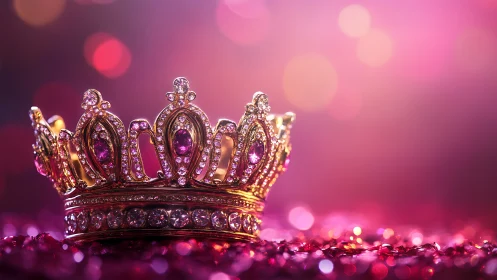 Ruby gold crown glows over glittered magenta bokeh field.