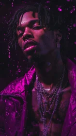 Moody neon portrait captures wet figure under magenta light