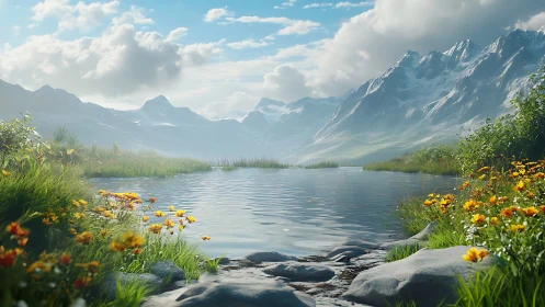 Mountain lake with wildflowers and distant snow peaks.