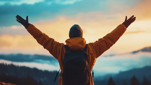 Hiker silhouette celebrates sunrise over misty mountain range.