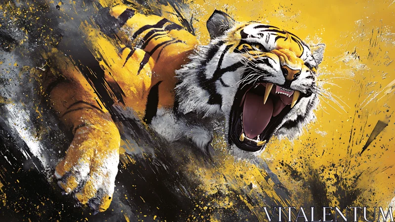 Tiger head in mid-roar amid abstract yellow paint field.