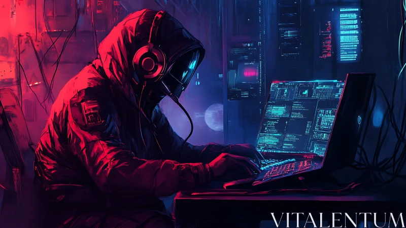 Neon hooded hacker conducts midnight code alchemy online
