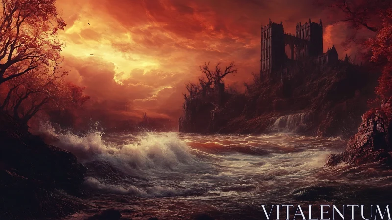 Stormy river under burning sky and distant ruined citadel.