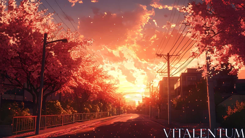 Sunset-soaked cherry blossom avenue in quiet urban street.