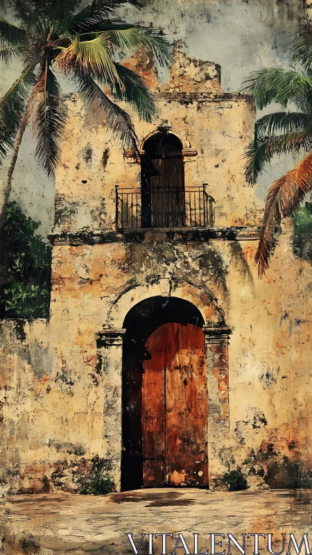 Weathered colonial doorway under tropical palm shade.
