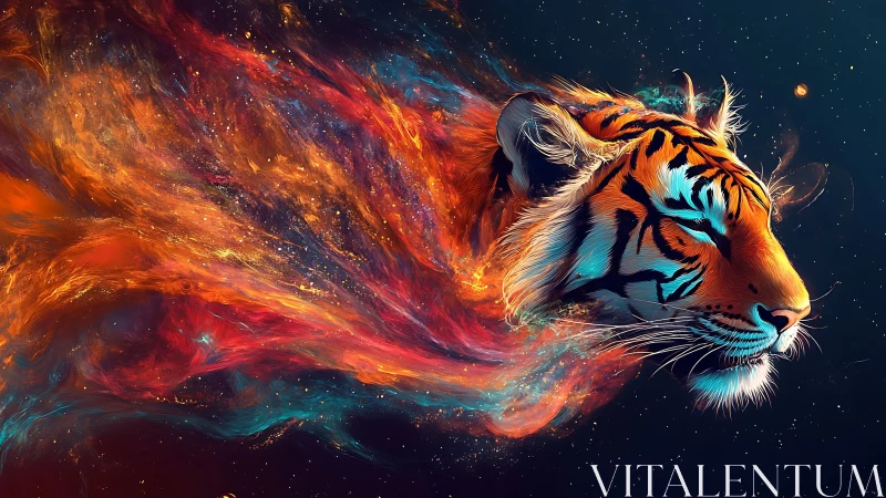 Cosmic tiger drifting through swirling neon stardust skies.