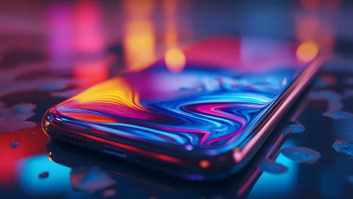 Modern smartphone with vibrant abstract reflection, neon lighting.