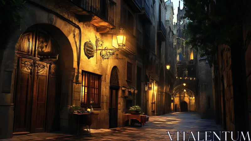 Golden lamplight bathes a quiet medieval European alleyway.