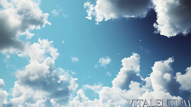 Sunlit cumulus clouds drift across a vivid summer sky.