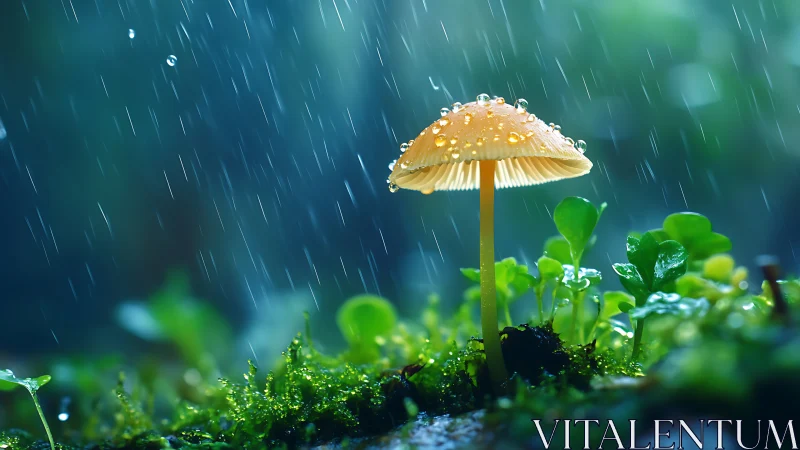 Rainlit forest mushroom crowned with sparkling dew jewels.