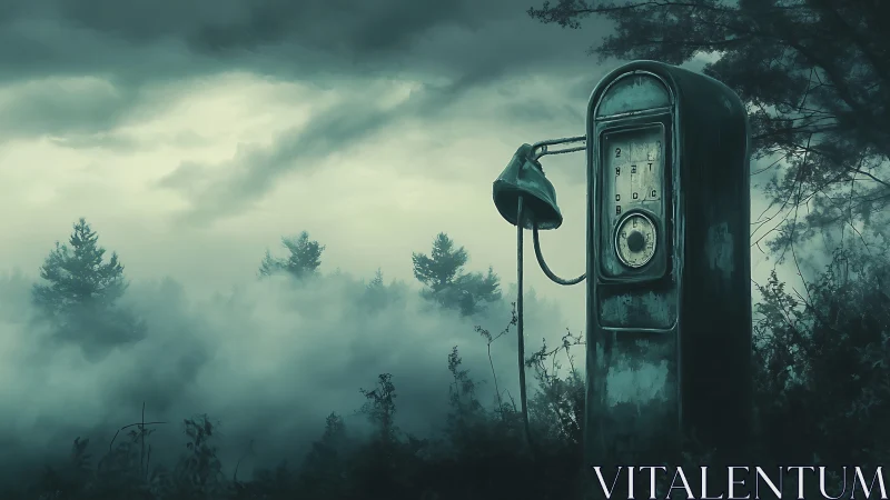 Surreal mist-shrouded gas pump in abandoned forest clearing.