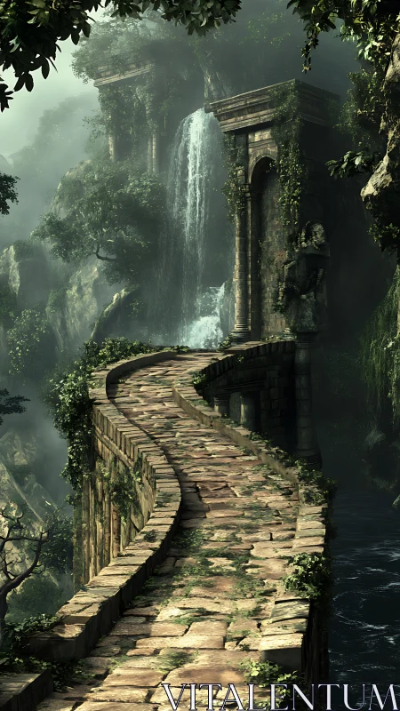Curved stone walkway passes ruined columns beside waterfall