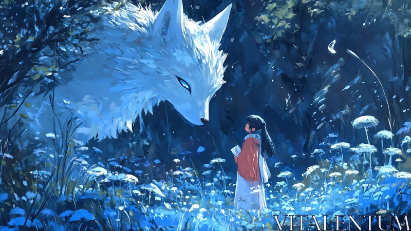 Girl meets luminous spirit wolf in a moonlit forest glade