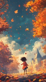 Child walks on autumn street under swirling falling leaves