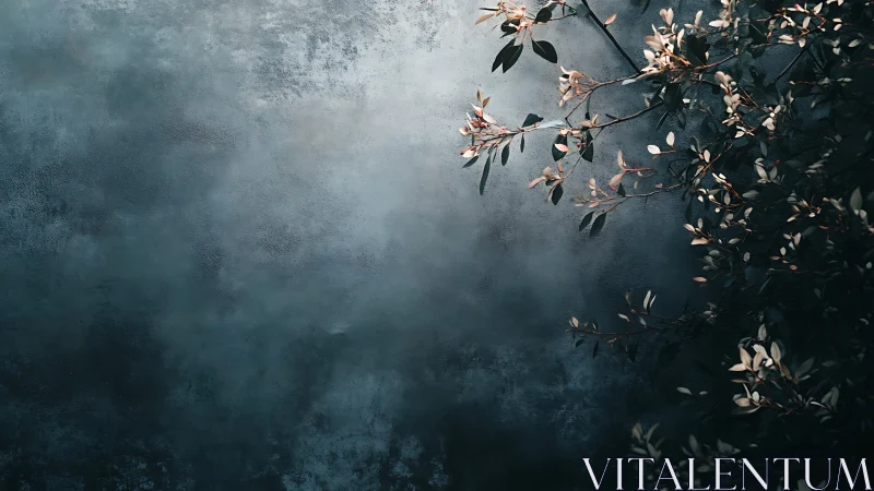 Moody blue wall with sunlit leafy branch on right side.