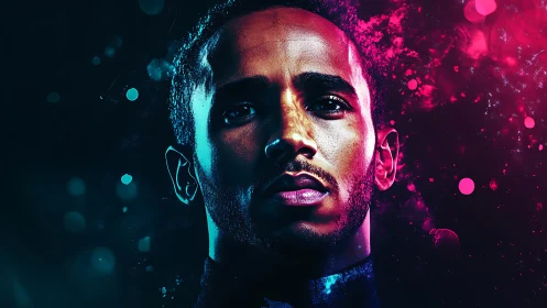 Neon-lit portrait under vibrant cyan and magenta haze.