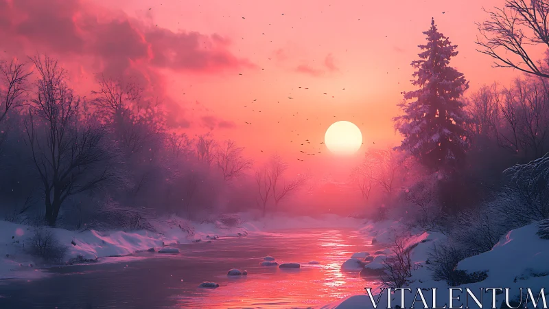 Radiant winter river at vivid pink sunset horizon glow.
