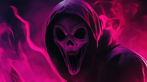 Hooded skeletal specter rendered with neon magenta volumetric fog