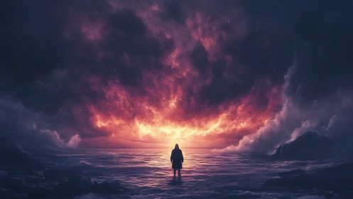 Solitary dreamer walks toward a radiant, storm‑lit horizon