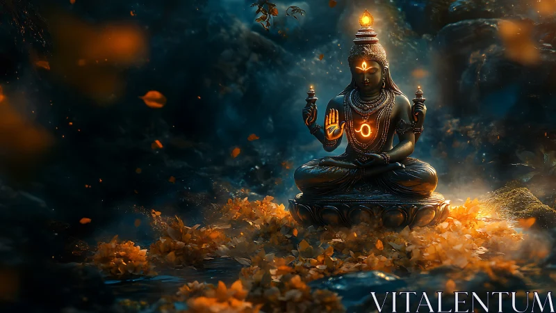 Serene deity statue glows amid swirling golden forest leaves