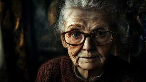 Elderly woman portrait with dramatic chiaroscuro lighting.