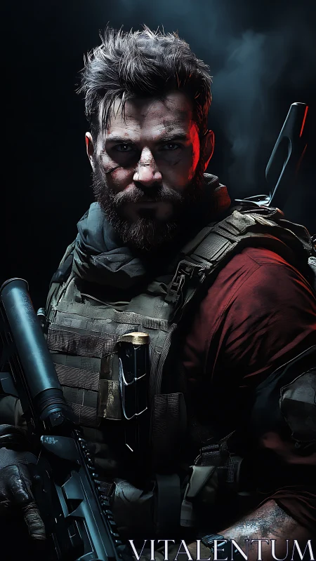 Bearded tactical soldier in dark dramatic lighting portrait.