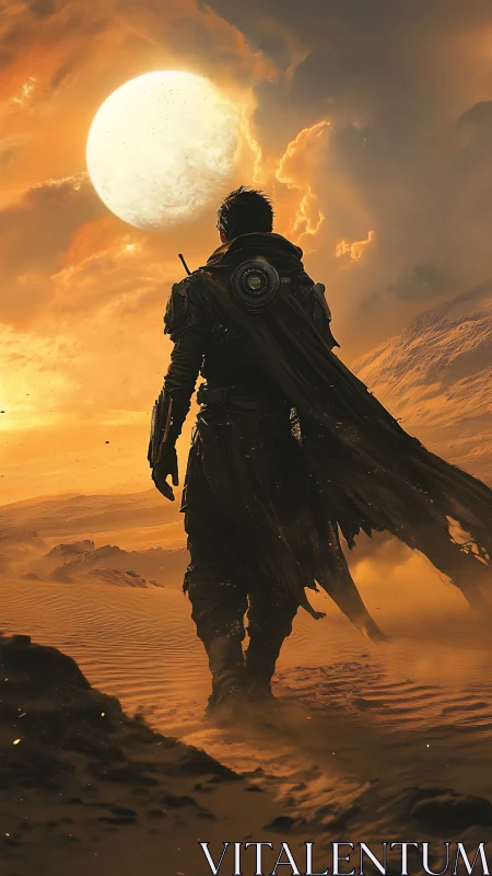 Desert wanderer under burning twin suns at dusk.