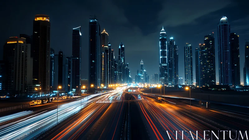 Night city skyline frames long exposure highway traffic