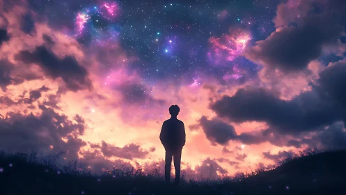 Silhouette stands beneath multicolored nebulae and dense cloud cover
