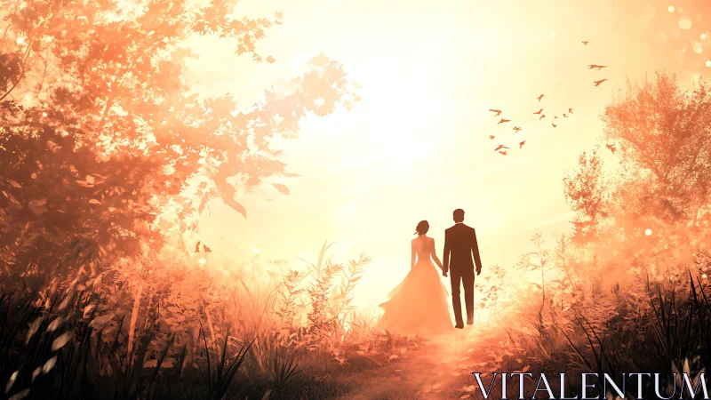 Sunlit forest path for two hearts walking homeward together.