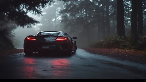 Sports car on wet forest road with rear lights glowing.