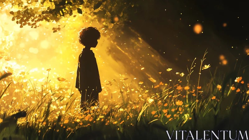Silhouetted child stands in glowing meadow under warm sunlight