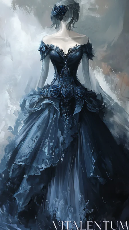 Backlit ball gown silhouette with layered navy tulle and floral applique