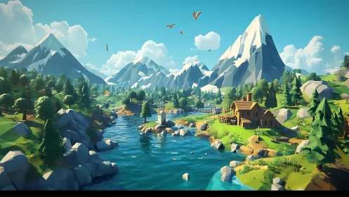 Low poly mountain valley river frames wooden lakeside cabin