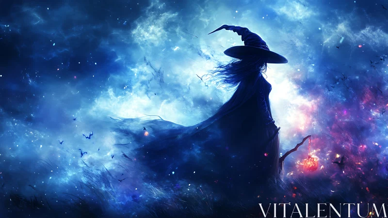 Spectral witch silhouette in turbulent bioluminescent nebula field.