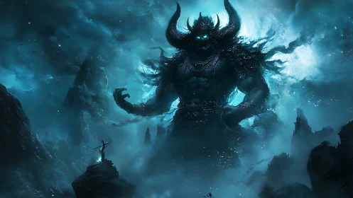 Colossal horned demon towers over a lone warrior in storm