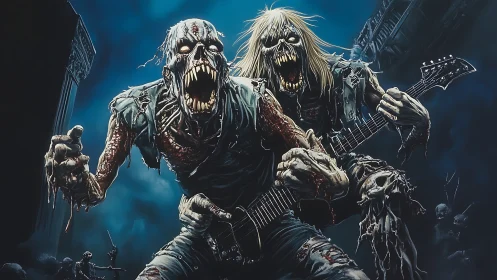 Undead guitar gods scream power chords into midnight ruin