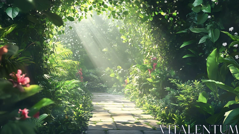 Sunlit stone path curves through lush overgrown garden