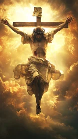 Radiant crucifixion amid glowing, storm-swept heavens.