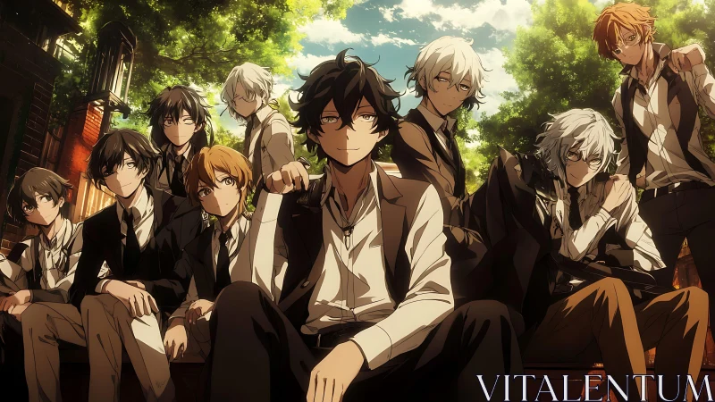Brooding anime classmates in sunlit academy courtyard scene.