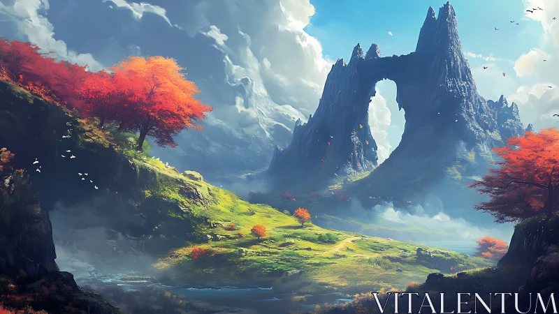 Rock arch mountains over bright valley with red trees.